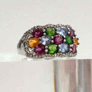 Sterling Silver Rainbow Blooming Garden Gemstone Partial Halo Vintage Ring Sz 6